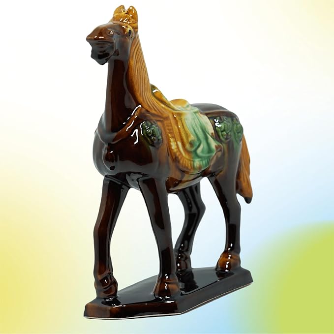 Handmade -Tang Dynasty Tri-Color Horse Sculpture Ceramic Horse-19cm Cultural Art Piece for Home,Bookcase or Office Decor (Brown)