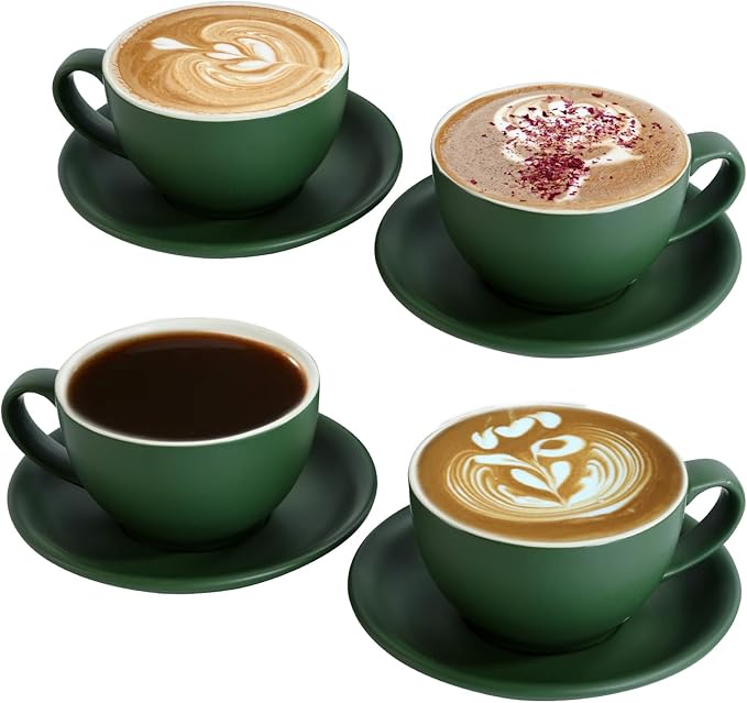 Yundu Matte Green Cappuccino Cups Set of 4-10oz Ceramic Latte Mugs with Saucers, Elegant Espresso Cups for Coffee & Tea