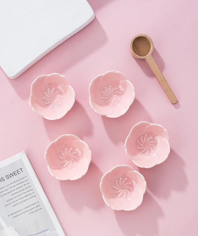 Jusalpha 5 PC Pink Cherry Blossom Ceramic Sauce Dish, Seasoning Dish, Sushi Soy Dipping Bow, Dessert Bowl, Appetizer Plates, Serving Dish for Kitchen Home (Pink, Set of 5)