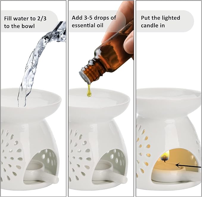ZOOFOX 3 Pack Ceramic Essential Oil Burner, Tealight Wax Warmer with Candle Spoon, Aromatherapy Essential Tealight Candle Holder for Home Bedroom Decor, Christmas Housewarming Gift