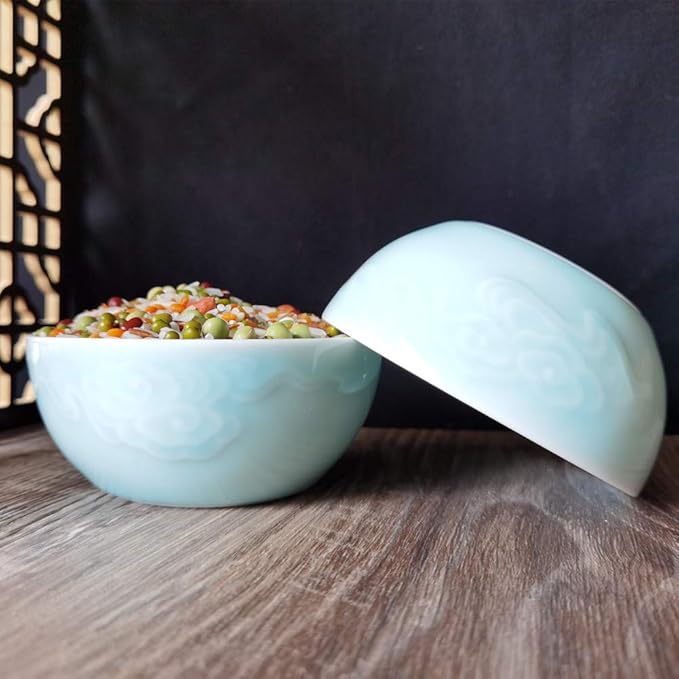 Chinese Rice Bowls 10-Ounce 4.5 inch Celadon Glazed Cereal Bowl Embossed with Auspicious Clouds Porcelain(Set of 4) (Sky Blue)