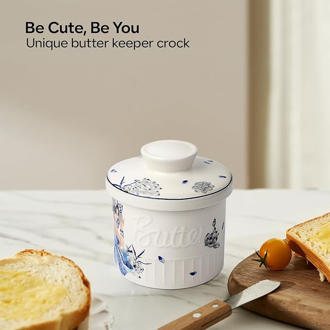 Toptier Butter Crock for Counter With Water Line, On Demand Spreadable Butter, Ceramic Butter Keeper to Leave On Counter, French Butter Dish with Lid, (Blue and White Beauty)