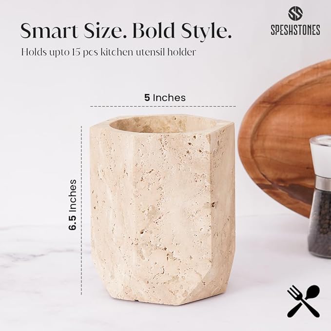 Marble Utensil Holder 6.5 Inch Stone Cooking Utensils Set Crock for Countertop Storage, Modern Travertine Utensil Caddy, Spoon Holder & Spatula Organizer for Kitchen Decor