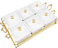 YA JU Ceramic Bowls and with Lid Gold Basket Trays, 6 Removable Small Bowls Condiment Trays Nut Serving Set for Snacks, Fruits, Candy and Condiments -Great for Parties, Holiday Gifts, White