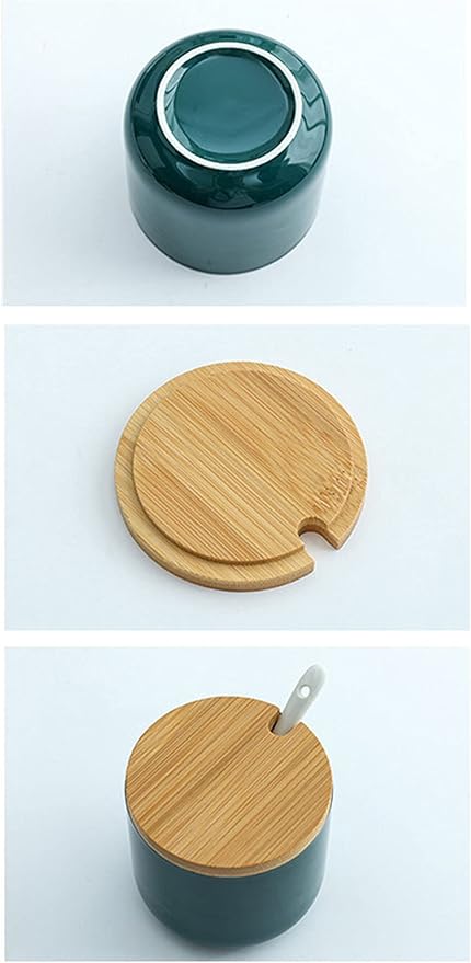 Simple Pure Color Ceramic Spice Jar Seasoning Box Condiment Pot Sugar Bowl with Bamboo Lid and Spoon