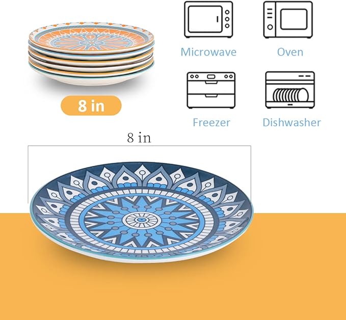 Dessert Plate Set of 6-8 Inch Ceramic Salad and Appetizer Plates - Vibrant Mix-and-Match Colors - Dishwasher and Microwave Safe
