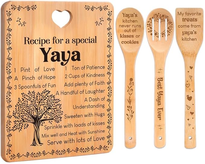Yaya Gifts - "Recipe for a Special Yaya" Yaya Gifts for Grandma Cutting Board Set, Bamboo-Made Engraved Utensil Set Gifts for Yaya Cutting Board, Best Yaya Ever Gifts.