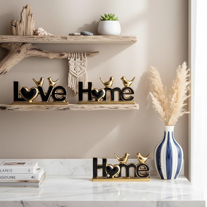 Ceramic Love & Home Sign Decor with Bird Statues Set 2,10" Modern Black Gold Tabletop Sculptures for TV Stand,Floating Shelf & Entryway,Romantic Wedding & Warm Housewarming Gift Set (Black)