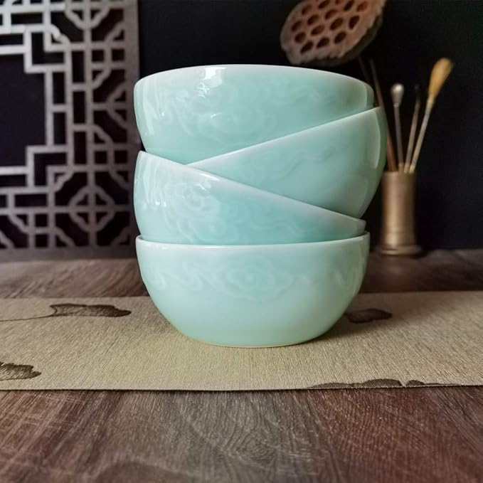 Chinese Rice Bowls 10-Ounce 4.5 inch Celadon Glazed Cereal Bowl Embossed with Auspicious Clouds Porcelain(Set of 4) (Sky Blue)