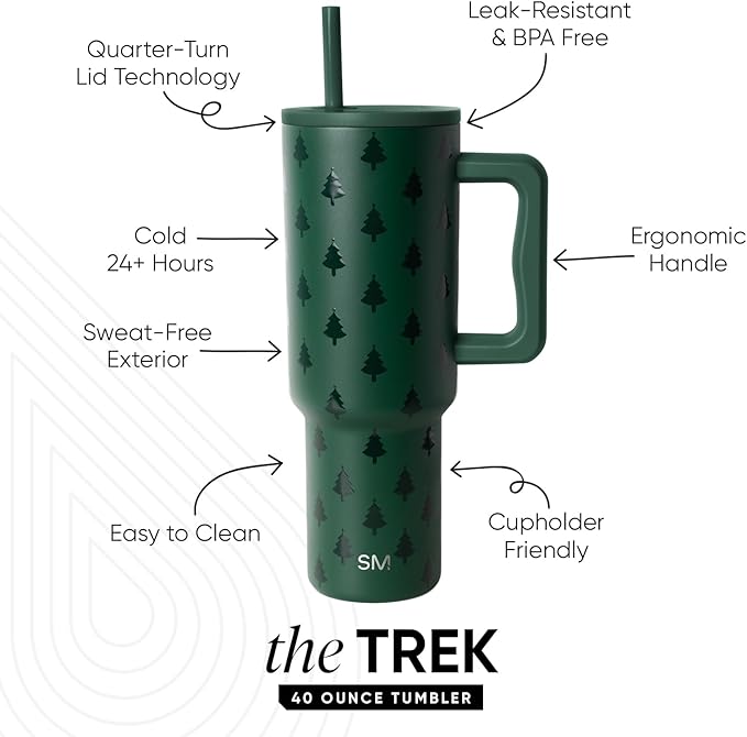 Simple Modern Trek | 40 oz Christmas Tumbler with Handle and Straw Lid | Cup Holder Friendly Insulated Stainless Steel Travel Mug | Holiday Gifts for Women Men Her Him | Winter Trees