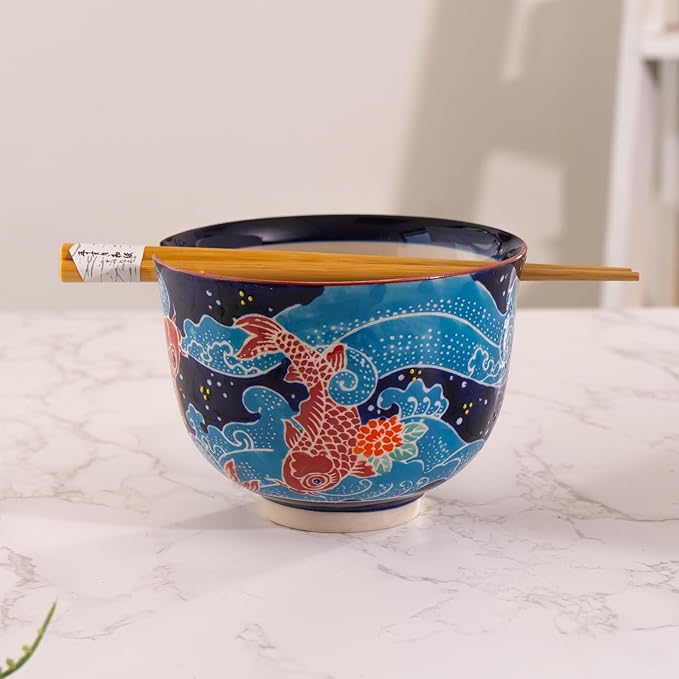 Urban Tokyo Handpainted Ceramic Glazed Japanese Ramen Udon Noodle Rice Bowl With Chopsticks 20 fl oz 5 inch Diameter Bowl Sets Color Box Packaging (Japanese Koi Fish)