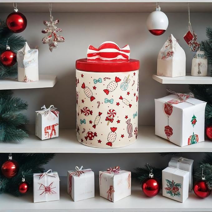 Christmas Cookie Jar with Lid, 9.4" Ceramic Candy Jar Canister, Ceramic Storage Jar Container, Decorative Xmas Cookie Container for Holiday Kitchen Counter Displays, Treats, and Gifts (Large)