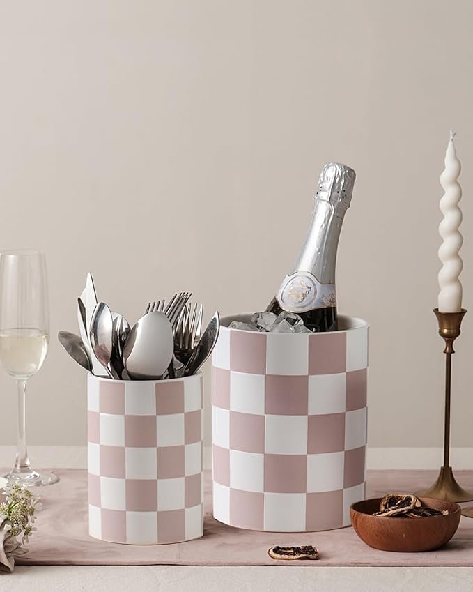 Utensil Holder，7.1"+5.8" Ceramic Kitchen Utensil Holder for Counter top, Checkered Cooking for Spatula & Spoon, Kitchen Decor, Set of 2 (Purplish-pink Checkered)