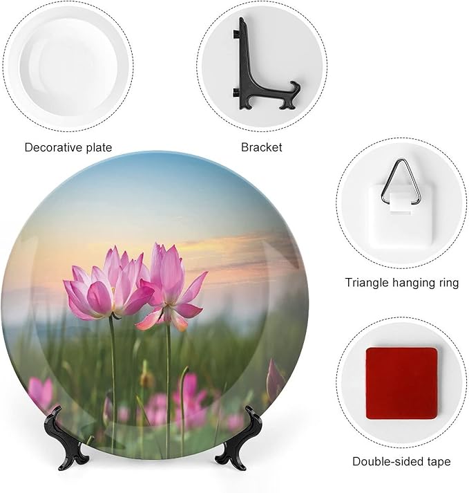 XISUNYA 10 Inch Decorative Plate, Lotus Ceramic Craft, Beautiful Asian Flower Blooming in Spring Meadow Print Ceramic Wall Hanging Decor Accessory for Dining Table Tabletop Home Decor