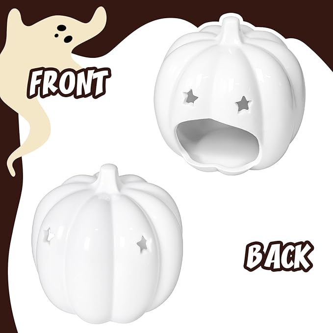 Halloween Pumpkin Stars Ceramic Candle Holder Cute White Pumpkin Designs Tealight Candlestick Table Centerpiece for Halloween Party Office Desk Decorative Candle Holder