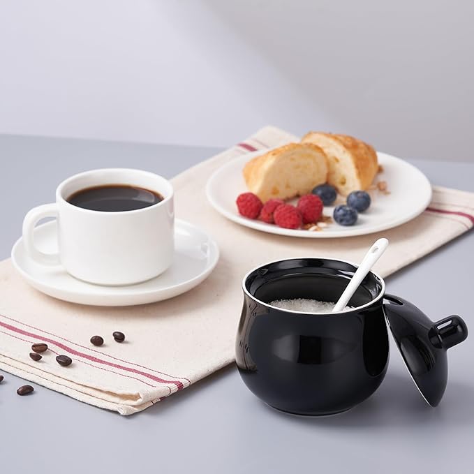 Ceramic Sugar Bowl with Lid and Spoon, Black Porcelain Sugar Salt Pepper Storage Jar, 12 Ounces