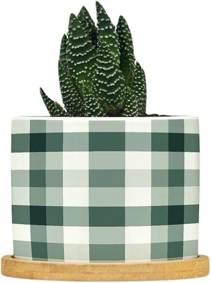 Sage Green Buffalo Plaid Planter Ceramic Green Buffalo Check Round Flower Pot with Drainage Holes and Bamboo Tray Pot for Outdoor Garden Home Plant