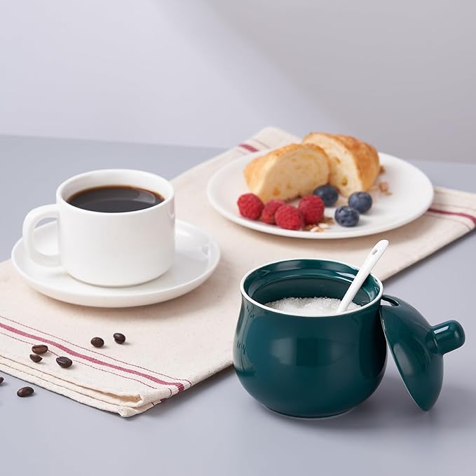 Ceramic Sugar Bowl with Lid and Spoon, Green Porcelain Sugar Salt Pepper Storage Jar, 12 Ounces