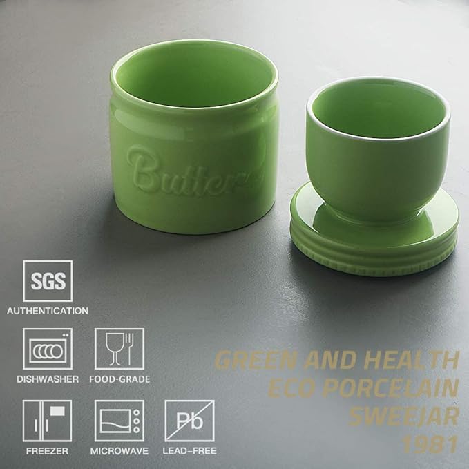 SWEEJAR Porcelain Butter Keeper Crock, French Butter Dish with Water Line, Ceramic Butter Container for soft butter (Green)