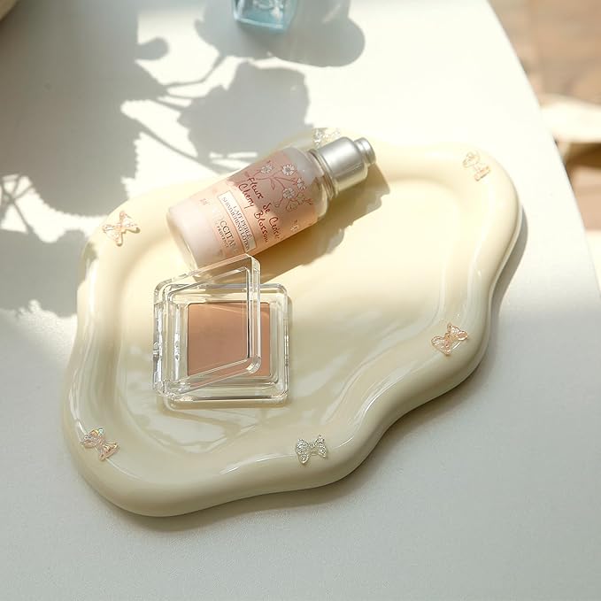 Jewelry Dish Trinket Tray for Women, Ring Dish Holder, Unique Cloud Shape Ceramic Plate Cute Things Vanity Aesthetic Room Decor Mother's Day Birthday (Bow Cream)