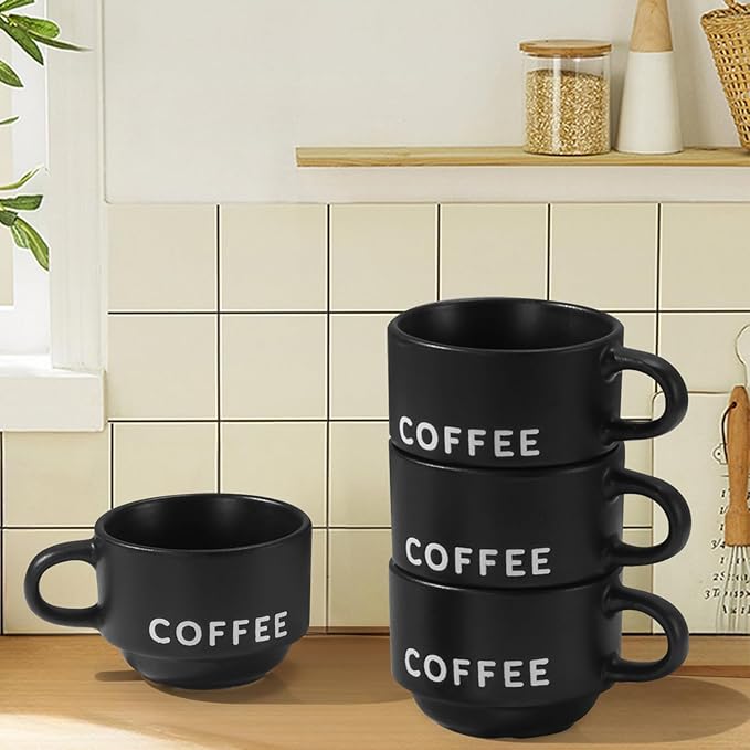 ASTRUE Espresso Cups Set of 4, 4 oz Matte Black Ceramic Demitasse Cups with Large Handles, Pro-Grade Porcelain Coffee Mugs, Dishwasher & Microwave Safe for Home, Office, Cafe