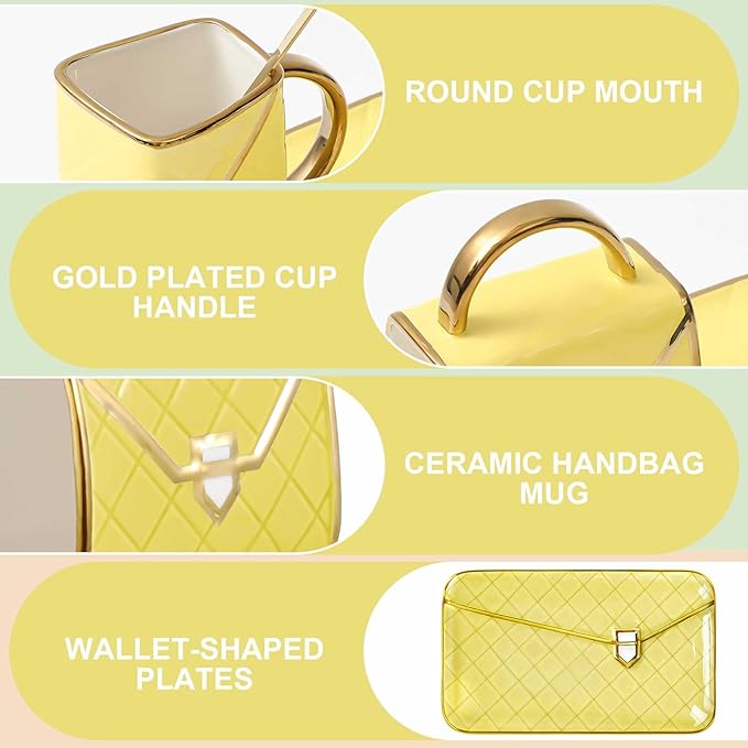 Zubebe 1 Set Coffee Mug Elegant Handbag Shaped Cup Mother's Day Modern Ceramic Purse Mug with Spoon and Saucer, 10oz Cute Creative Tea Cup for Woman Girls Gift (Light Yellow)
