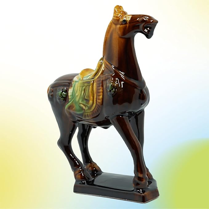 Handmade -Tang Dynasty Tri-Color Horse Sculpture Ceramic Horse-19cm Cultural Art Piece for Home,Bookcase or Office Decor (Brown)