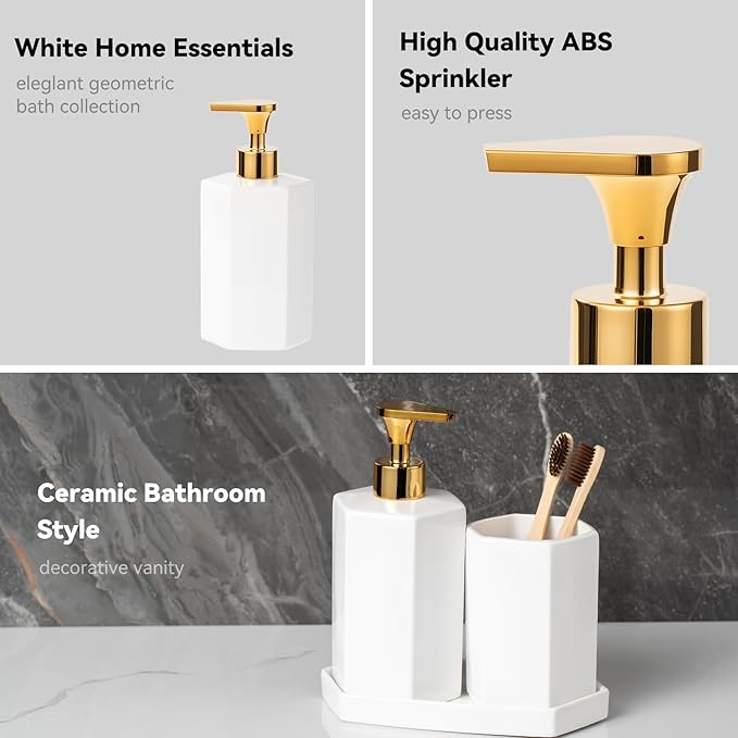 Ceramic Bathroom Accessories Complete with Soap Dispenser, Toothbrush Holder, Bathroom Tumbler, and Vanity Tray - Modern Bathroom Decor,3PCS (Gold)