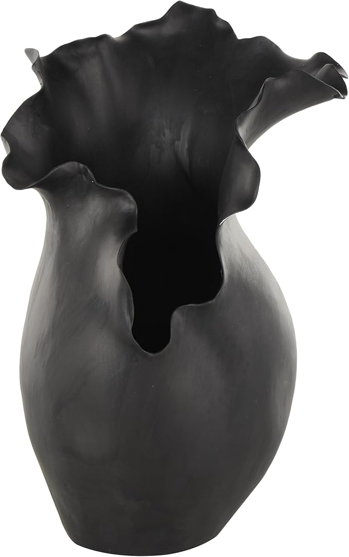 Deco 79 Ceramic Abstract Decorative Vase Floral Inspired Centerpiece Vase with Wavy Edge, Flower Vase for Home Decoration 10" x 8" x 16", Black