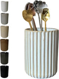 Stoneware Coffee Bar Utensil Holder Tea & Coffee Spoon & Stirrer Holder for Stir Stick Straw Teaspoon Holder Spoon Cup Small Utensil Jar Fluted Vertical Stripe (Retro White)