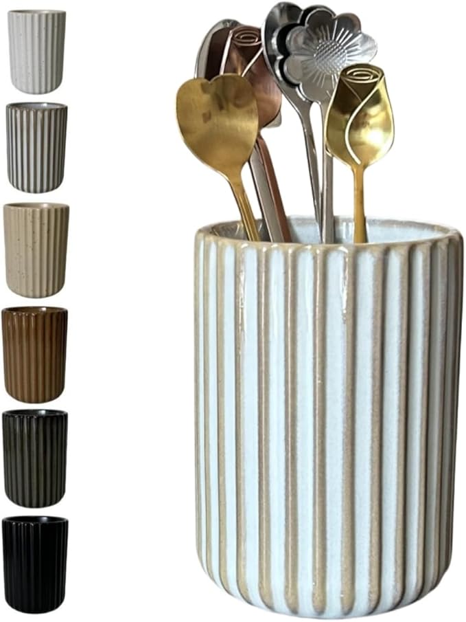 Stoneware Coffee Bar Utensil Holder Tea & Coffee Spoon & Stirrer Holder for Stir Stick Straw Teaspoon Holder Spoon Cup Small Utensil Jar Fluted Vertical Stripe (Retro White)