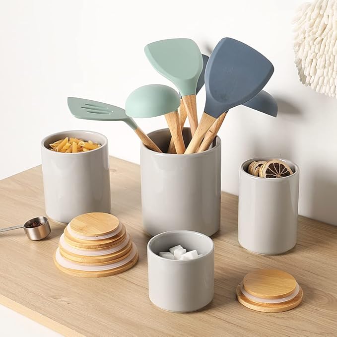 Sweejar Kitchen Canisters Ceramic Food Storage Jar Set, Stackable Containers with Airtight Seal Wooden Lid for Serving Ground Coffee, Tea, Herbs, Grains, Sugar, Salt - Set of 4 (Gray)