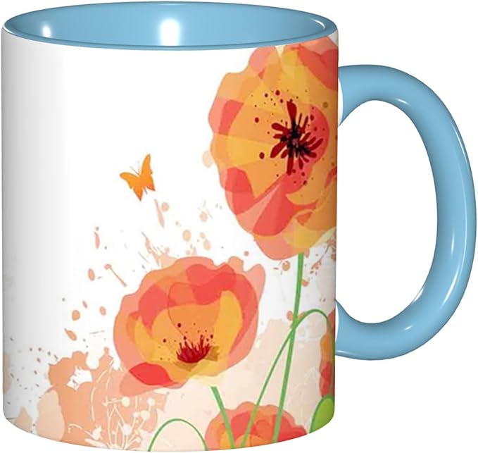 Poppy Flower,Funny Novelty Ceramic Coffee Cups With Handle,Watercolors Design of Poppy Tea Cup for Office and Home, 11 Oz,Dishwasher Microwave Safe (Sky blue)