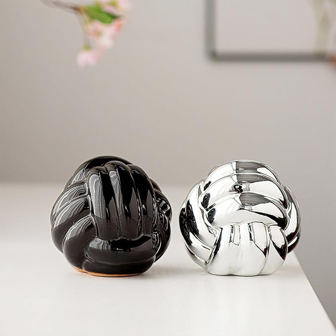 Hotfiary Small Ceramic Knot Statues Gold Home Decor, Modern Style Figurine Decorative Ball Ornaments, Sculpture Aesthetic Decor for Living Room, Bedroom, Apartment, Bookshelf, Office, Cabinets, Black