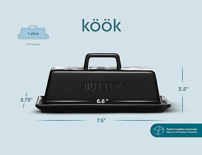 Butter Dish with Lid for Countertop, by Kook, Ceramic Dish Tray with Cover, Kitchen Keeper, Container, Holder (Black)