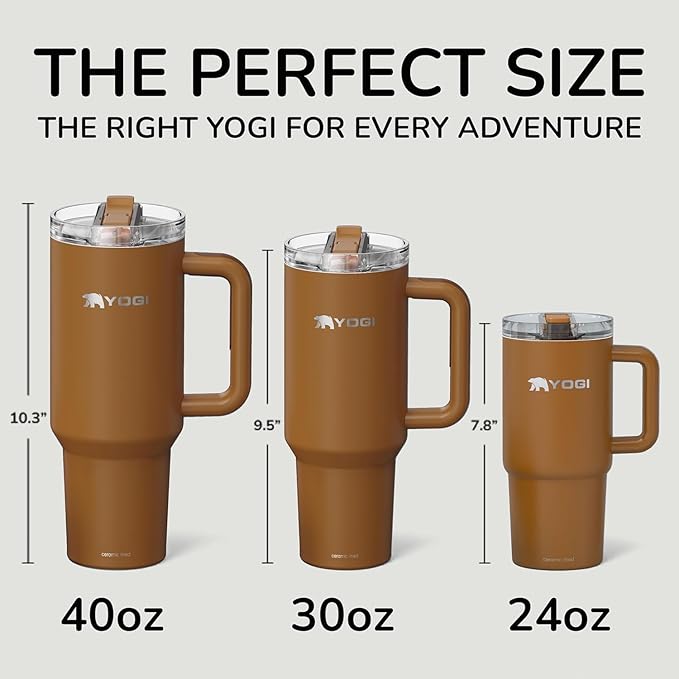 YOGI Ceramic Lined Metal Allergy Safe 40oz Tumbler with Handle and Straw Leakproof Flip & Sip Lid Vacuum Insulated Stainless Steel Travel Cup for Iced Coffee Water and All-Day Hydration 40oz Amber