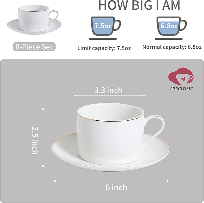 Classic White Porcelain 6.6oz Tea Cup and Saucer Set - 8 pieces cups and Saucers Set with gold trim, Elegant and Versatile for Daily Use, Gift