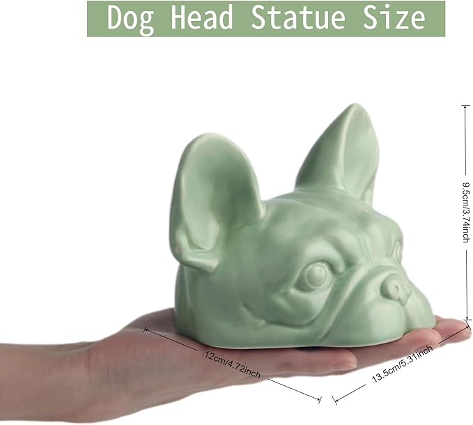 Green Dog Head Statue - Handmade Ceramic Bulldog Figurines for Home Office Decor, Healing Gifts for Dog Lovers (Sage Green, 5.31"×4.72"×3.74")