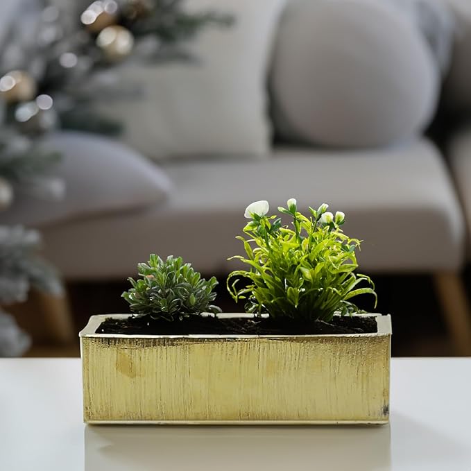 WGVI Long Rectangle Ceramic Planter Vase in Gold Etched 14" x 4" x 4"H, Rectangular Box Block Terrarium Pot, Flower Arrangement, Tabletop Centerpiece, Home Decor Organization Container, 4 Pcs.