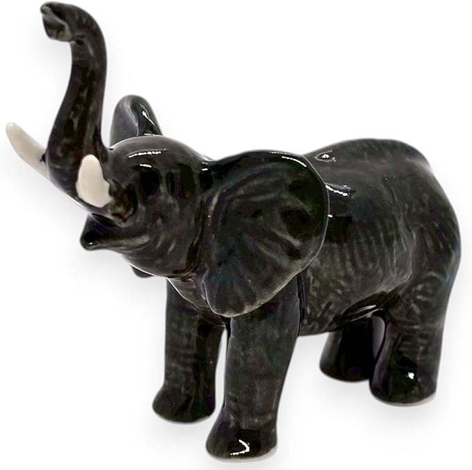 ChangThai Design Tiny 2½" Black Elephant Standing Lift Trunk Figurine - Miniature Hand Made Painted Ceramic Asian Elephants Cute Wildlife Animals Porcelain Decorative Collectible Figurines Décor Gifts