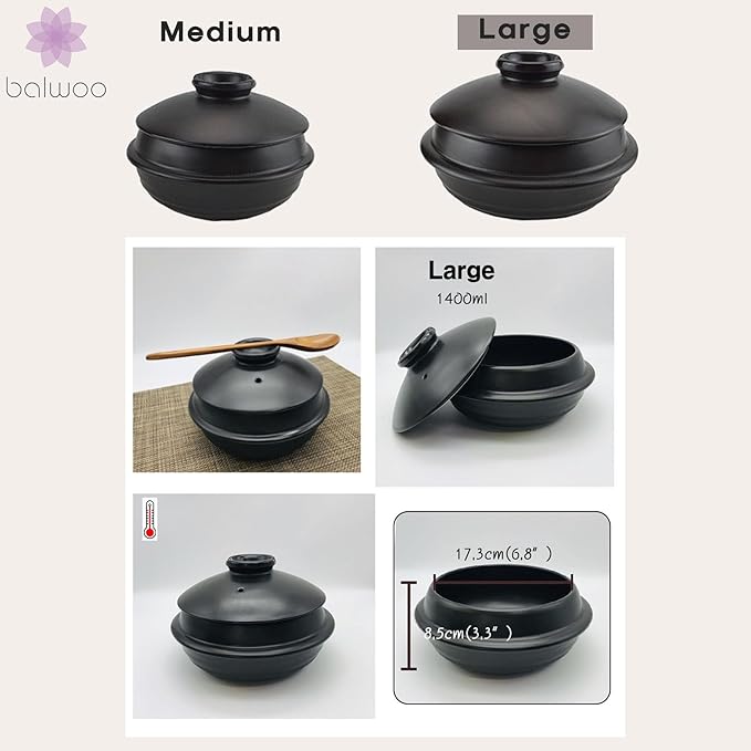 [Petalite Mineral, Retro Design] Korean Earthenware Pot Ttukbaegi, Ceramic Clay Cooking Pot Casserole, Heat Resistant Ceramic Pot, Zero-Crack Stone Bowl Stockpot Soup Cookware (Large)