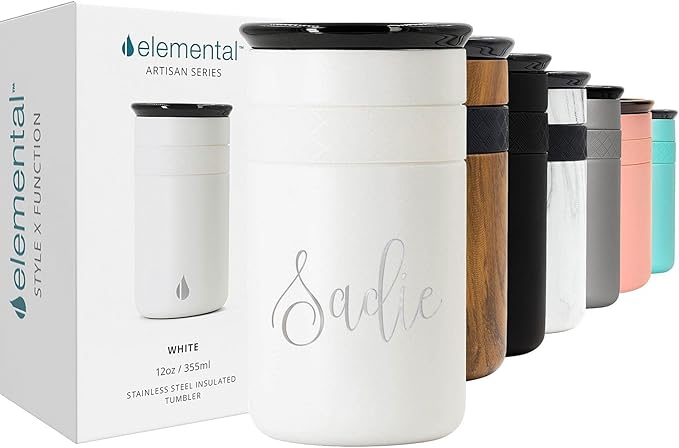 Elemental Personalized Artisan Insulated Tumbler, Triple Wall Coffee Travel Tumbler, Reusable Stainless Steel Coffee Tumbler with Ceramic Lid, Thermal Coffee Cup for Hot & Cold, 12oz - Matte White