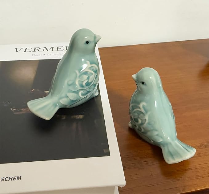Small Animal Statues, Ceramic Bird Duck Statues, Home Office Decor, Small Decor for Cabinet Shelves Entryway Bookcase TV Stand, Micro Landscape Accessories (Green)