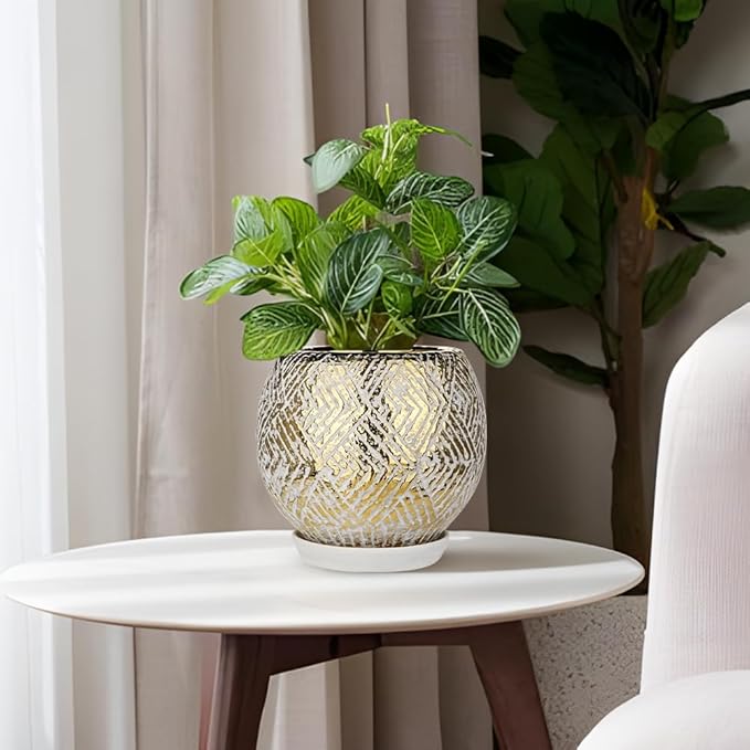 Ceramic Plant Pots for Plants Indoor 7.5 Inch Round Gold and White Flower Pot Gilded Decorative Planter with Drainage Hole and Saucer Modern Ceramic Pot for Succulents Orchids Cactus Herbs Home Decor