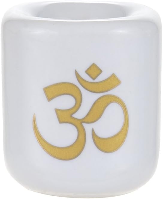 Mega Candles Ceramic Gold Om Chime Ritual Spell Candle Holder - White