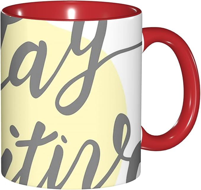 Positive Energy,Funny Novelty Ceramic Coffee Cups With Handle,Words on Circular Backdrop Tea Cup for Office and Home, 11 Oz,Dishwasher Microwave Safe (Red)