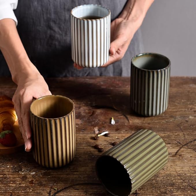 LIFKOME Japanese Tea Cups Ceramics Coffee Mugs Chinese or Japanese Style Porcelain Milk Mug No Handles Vintage Stripe Beverage Cup Drinks Tumbler for Tea Lovers 300ml Green Tea Cup Set