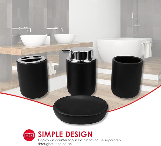 Home Basics Luxem 4 Piece Ceramic Bath Accessory Set (Black, 1) | Matte Finish | Neutral Color | Extremely Durable