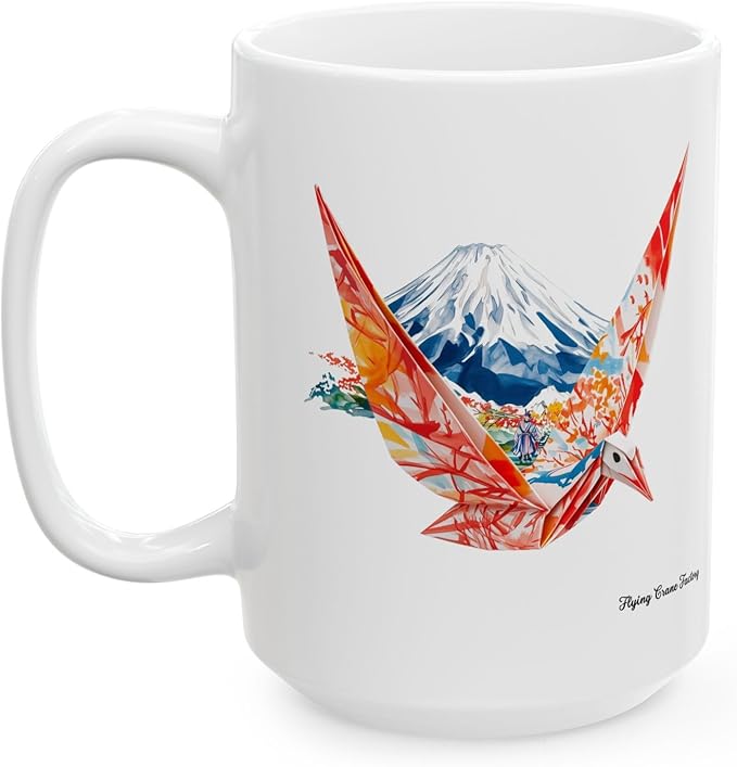 Origami Crane Mug, Kawaii Fuji Japanese Culture Coffee Cup, Tea Mug, Gift for Japan Lover, Cute Ceramic Tumbler, Asian Art