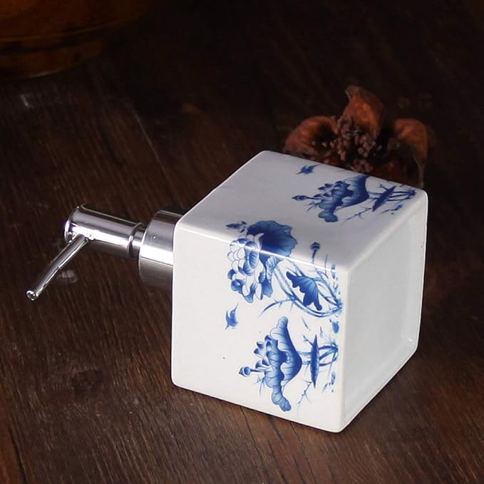 Lotion Soap Dispenser,Ceramic Lotion Soap Dispenser with Pump for Bathroom and Kitchen Office, Vintage Blue and White Porcelain Floral Decorative Liquid Bottle